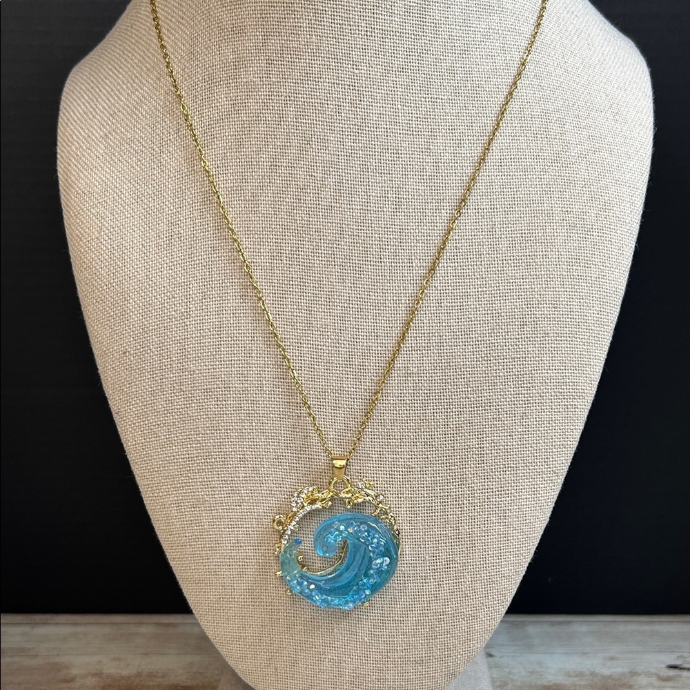 Beach Babe Vibes Oceanic Blue and Gold Stainless Steel Pendant Necklace